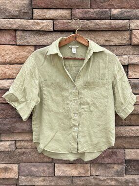 H&M Sage Linen Button-Up Shirt – Size XS